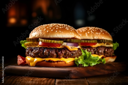 Two Burgers with cheese, lettuce, sauce, onion, tomato and cucumber on a wooden board, black background