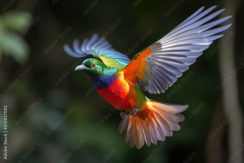 rainbow bird spreading its wings in flight, created with generative ai