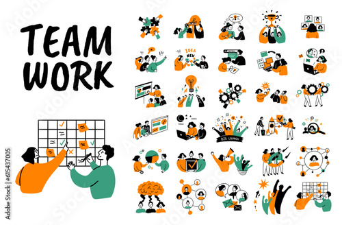 Cartoon Color Teamwork Concept Set Flat Design Style. Vector illustration of Scenes with Part in Business Activities