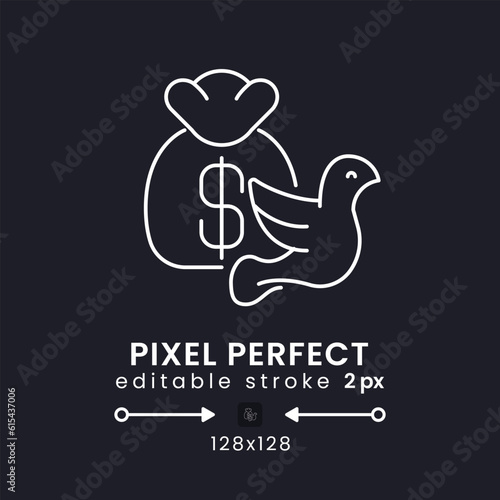 Tax exemption white linear desktop icon on black. Non-taxable income. Government subsidies. Pixel perfect 128x128, outline 2px. Isolated user interface symbol for dark theme. Editable stroke