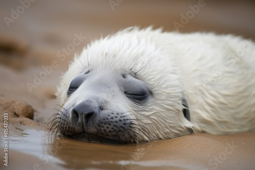 seal pup napping, with its head resting on its flippers, created with generative ai