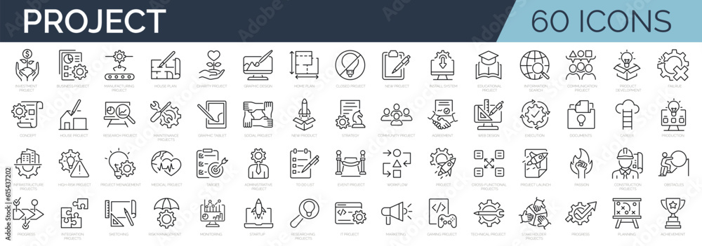 © SkyLine - Set of 60 line icons related to project, startup, management, business. Editable stroke. Outline icon collection. Vector illustration