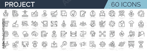 Set of 60 line icons related to project, startup, management, business. Editable stroke. Outline icon collection. Vector illustration © SkyLine