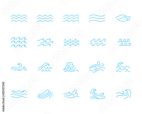 Different Types Water Wave Blue Thin Line Icon Set. Vector illustration of Sea and Ocean Surf Borders photo