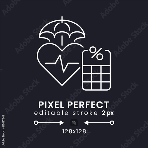 Medicare Tax white linear desktop icon on black. Public health insurance. Healthcare contributions. Pixel perfect 128x128, outline 2px. Isolated user interface symbol for dark theme. Editable stroke