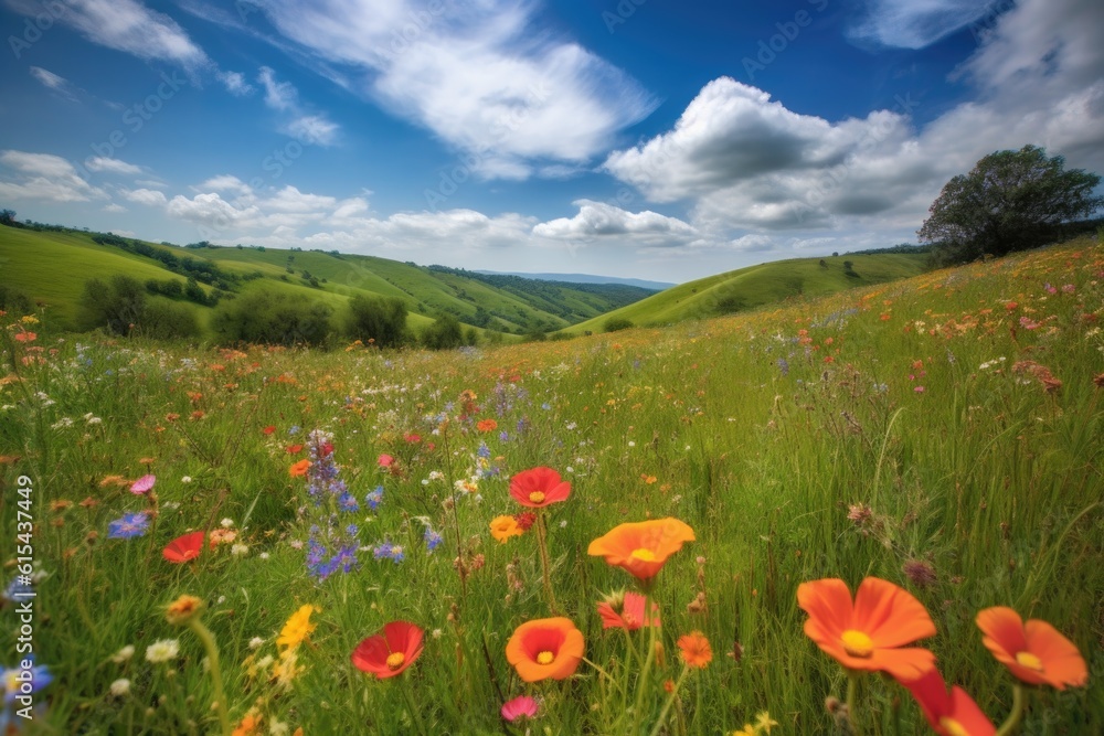 rolling hills with blooming wildflowers, perfect for a summer picnic, created with generative ai