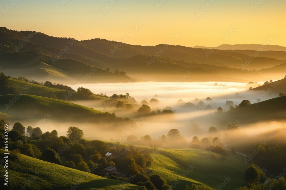 rolling hills with misty morning fog, the sunrise breaking through, created with generative ai