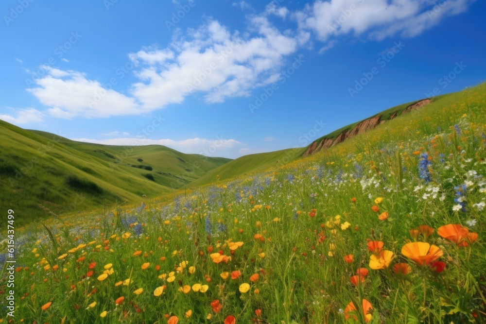 rolling hills covered in wildflowers, with clear blue sky visible, created with generative ai
