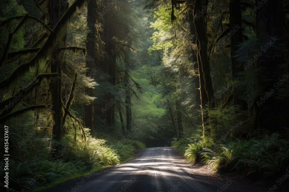 Obraz premium scenic road trip through the forest, with glimpses of sunlight filtering through the trees, created with generative ai