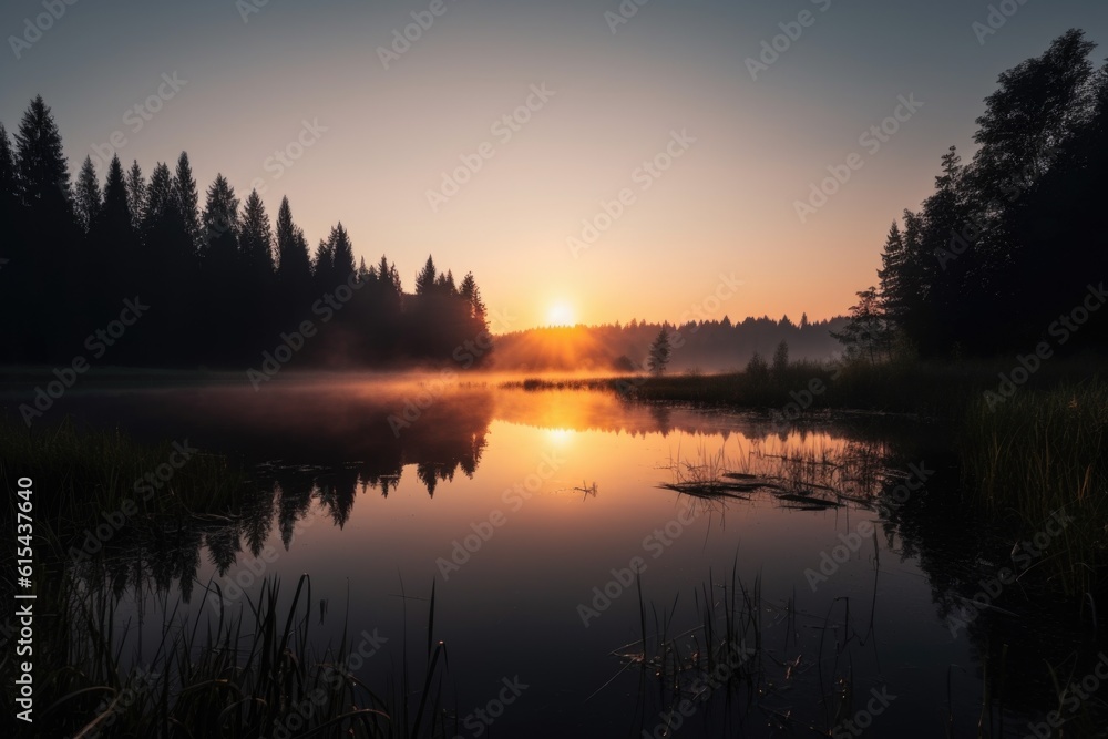 serene lake, with serene reflection of tranquil sunrise in the background, created with generative ai