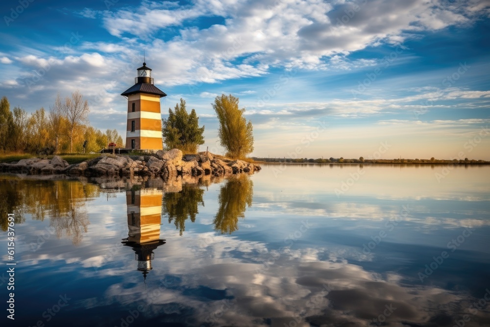reflection of historic lighthouse and tranquil lake in scenic landscape, created with generative ai