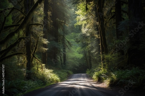 scenic road trip through the forest, with glimpses of sunlight filtering through the trees, created with generative ai