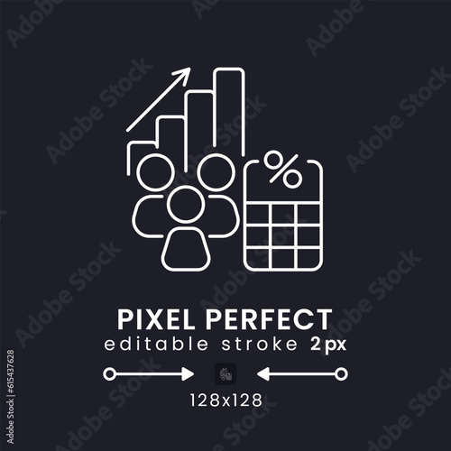 Dividends Tax white linear desktop icon on black. Taxable earnings. Shareholder payment levy. Pixel perfect 128x128, outline 2px. Isolated user interface symbol for dark theme. Editable stroke