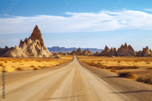 scenic road trip through the desert  with sand dunes and rock formations in the background  created with generative ai