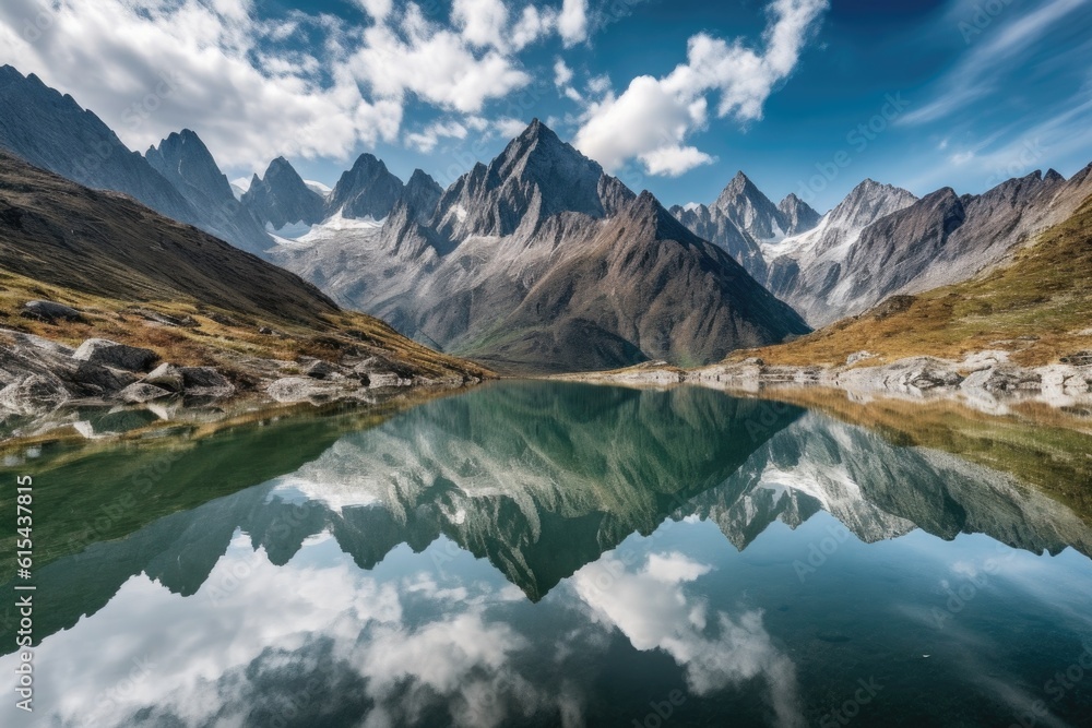 reflection of towering mountain peaks in serene lake, created with generative ai