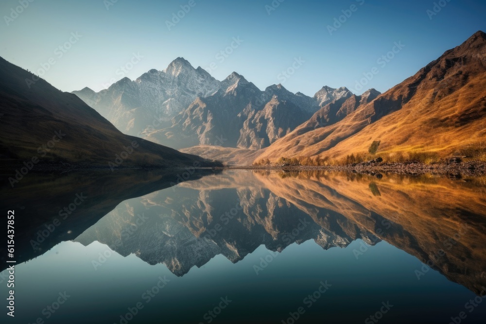 reflection of majestic mountain range in serene lake, created with generative ai
