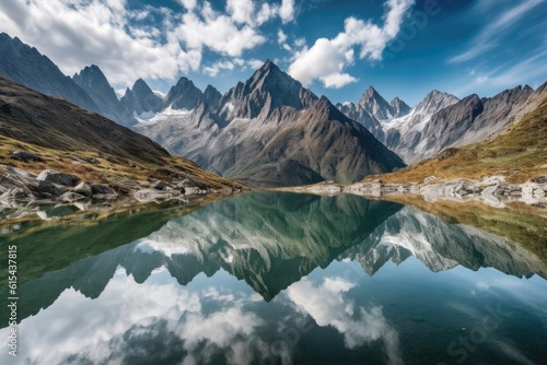 reflection of towering mountain peaks in serene lake  created with generative ai