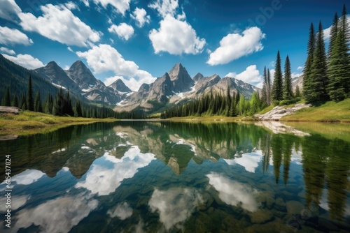 reflection of towering mountains and blue skies on serene lake  created with generative ai