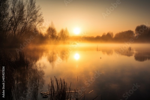 reflection of serene lake on a misty morning, with the sun rising above the horizon, created with generative ai