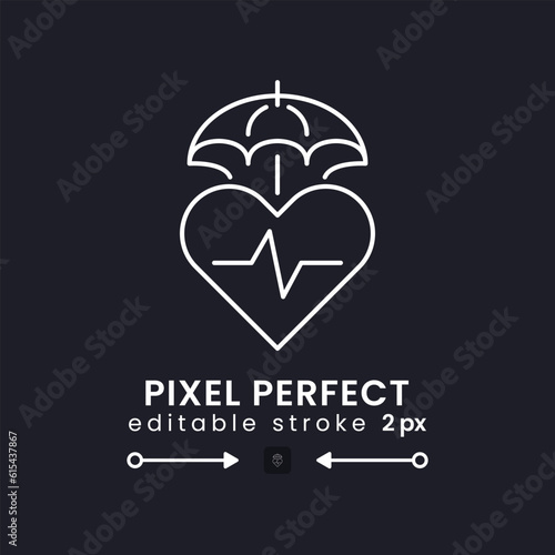 Health insurance white linear desktop icon on black. Medical coverage plan. Healthcare protection. Pixel perfect, outline 2px. Isolated user interface symbol for dark theme. Editable stroke