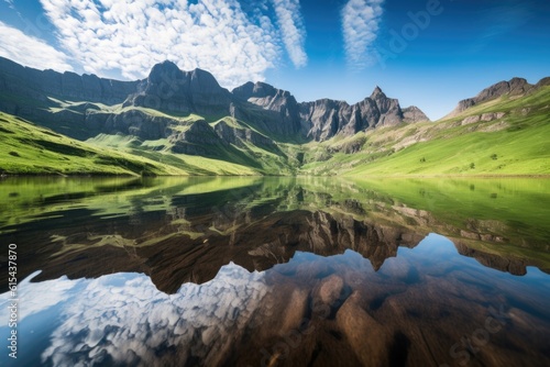 reflections of towering mountains in the lake, with water and sky in perfect harmony, created with generative ai