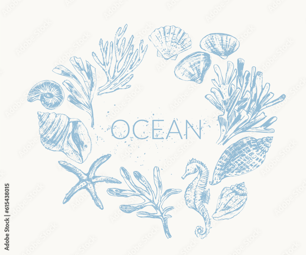 Vector ocean nature background. with sketches of seashells - obrazy, fototapety, plakaty 
