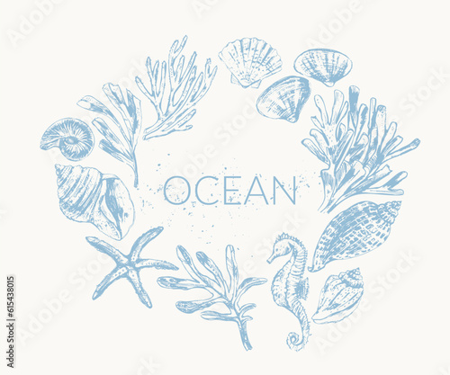 Vector ocean nature background. with sketches of seashells