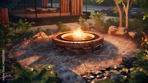Fire pit in the backyard of a house. Generative AI