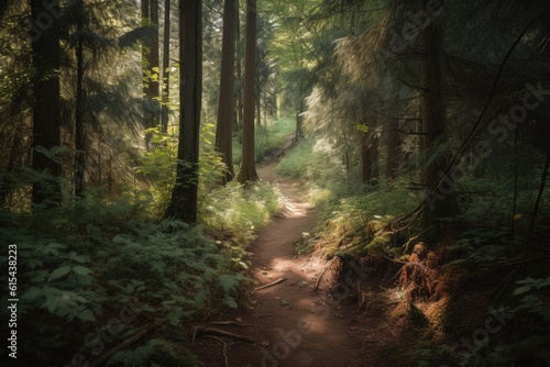 hiking trail surrounded by tall trees and beautiful scenery  created with generative ai