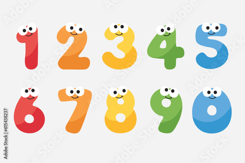 Colorful and playful number cartoon characters for kids, from zero to nine. Vector illustration.