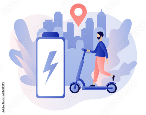 Electric scooter rental concept. Tiny man ridу electric scooter. Ecological transport. Urban transportation. Modern lifestyle. Modern flat cartoon style. Vector illustration on white background