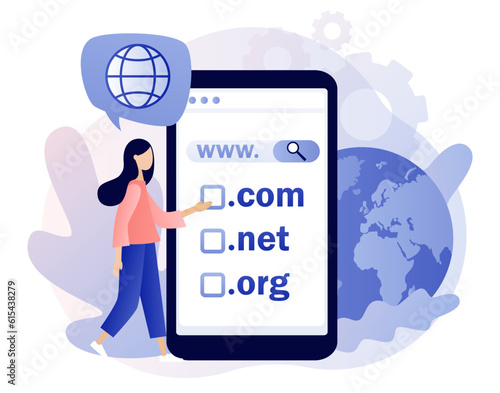 Domain registration concept. Tiny woman choose, find, purchase, register website domain name in snartphone app. Online hosting service. Modern flat cartoon style. Vector illustration 