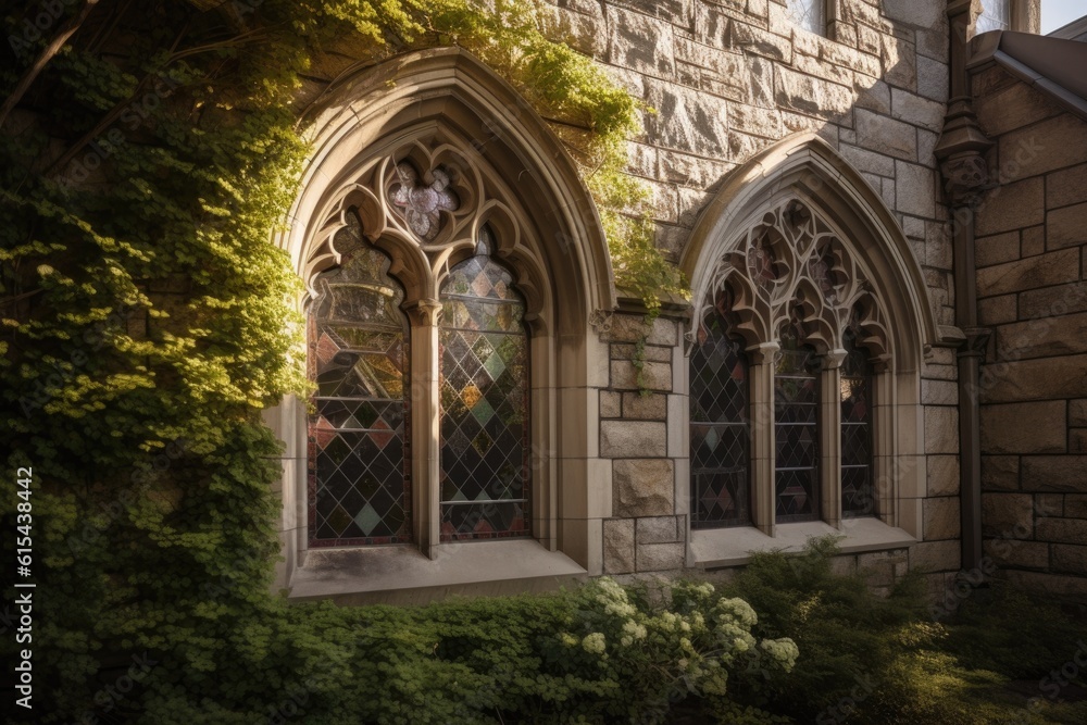 stone exterior with stained glass window and ivy, created with generative ai