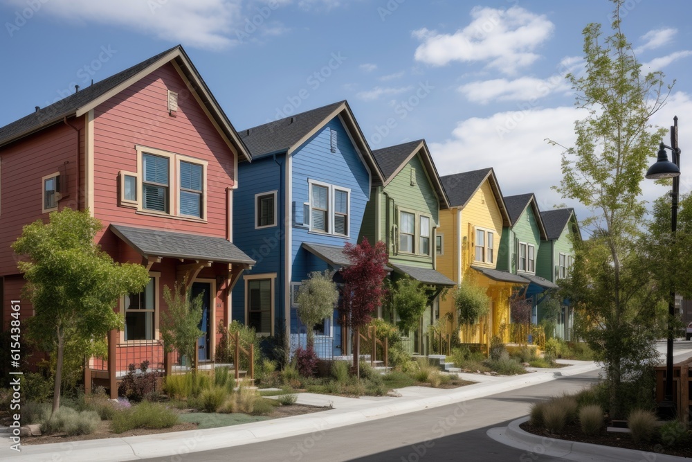 cluster of homes in a close-knit neighborhood, with diverse exterior designs and colors, created with generative ai