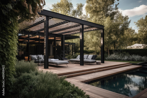 a lavish side outside garden at morning, with a teak hardwood deck and a black pergola. Scene in the evening with couches and lounge chairs by the pool, generative AI 