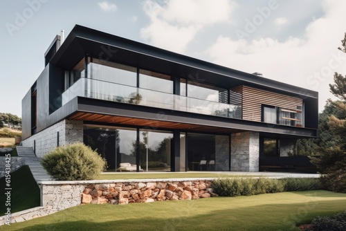 modern, minimalist house with glass facade, wooden frames and natural stone accents, created with generative ai
