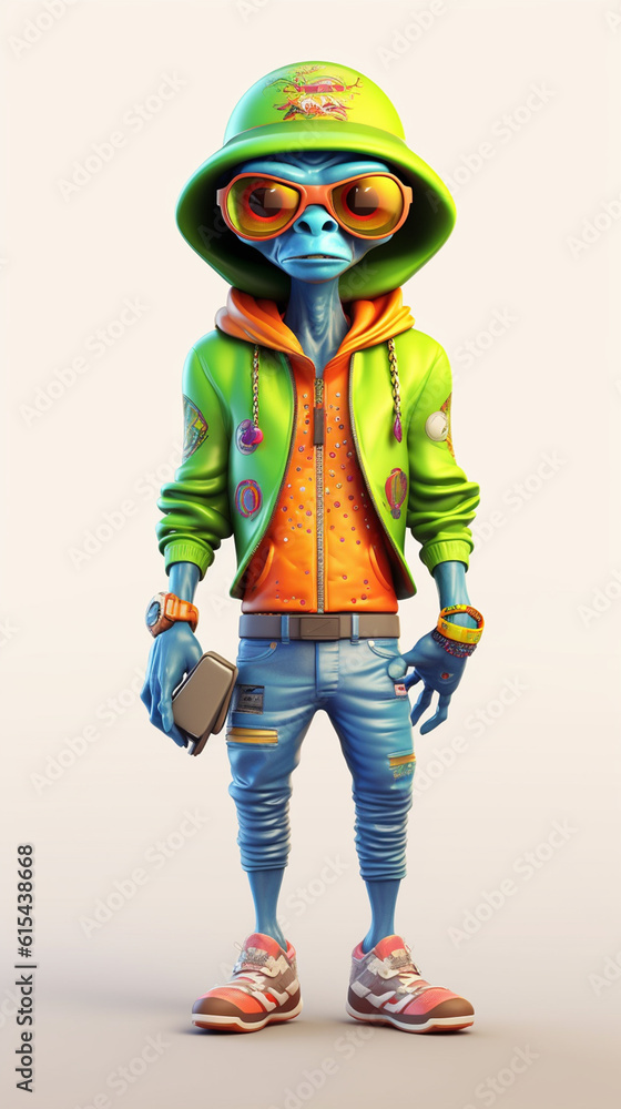 Alien rapper urban comics character, 3d, full size standing in urban wardrobe Alien rapper urban comics character, 3d, full size standing in urban wardrobe