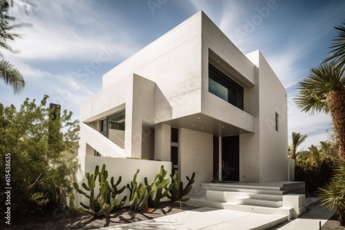 stucco exterior with modern angular design element and minimalist accent, created with generative ai