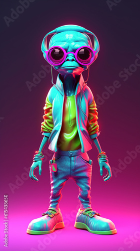 Alien rapper urban comics character, 3d, full size standing in urban wardrobe