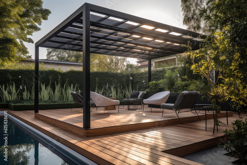 a lavish side outside garden at morning, with a teak hardwood deck and a black pergola. Scene in the evening with couches and lounge chairs by the pool, generative AI 