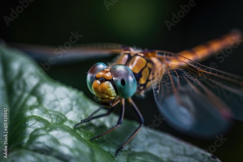 macro shot of dragonfly resting on leaf, created with generative ai © Natalia
