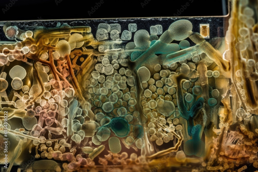 microbial culture on microscope slide, with magnification of cells and structures visible, created with generative ai