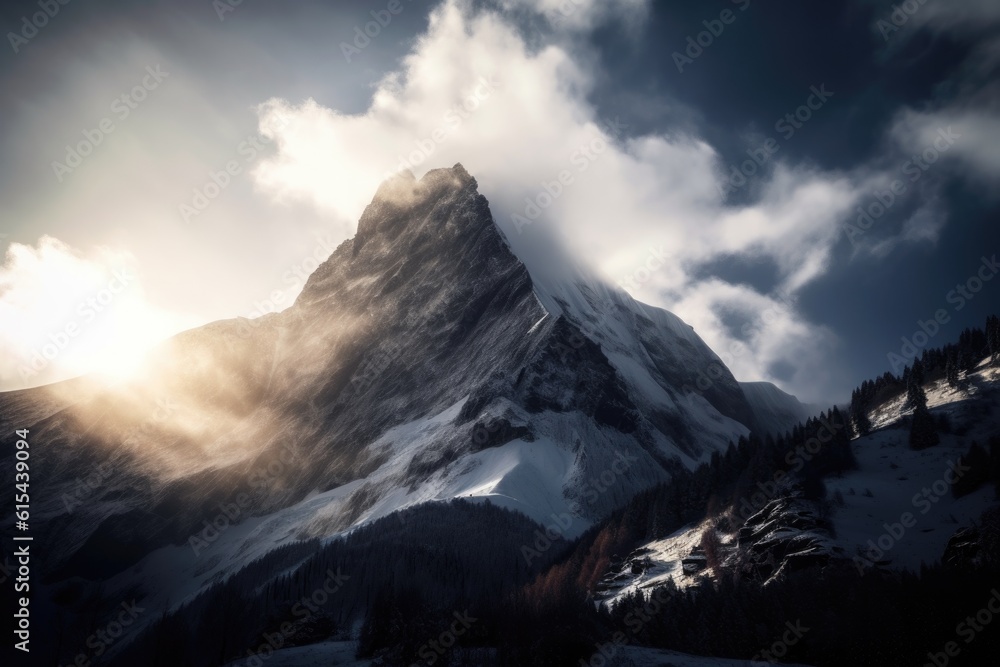 appealing view of snowy mountain peak, with the sun shining through the clouds, created with generative ai