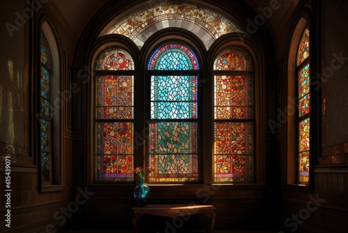 stunning mosaic and stained glass window with intricate floral and geometric designs, created with generative ai