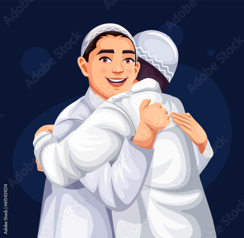 Eid Mubarak, Muslim boy hugging and wishing each other on the occasion of Eid, Vector character design on the occasion of Eid-ul-Adha for Festival of Sacrifice celebration.
