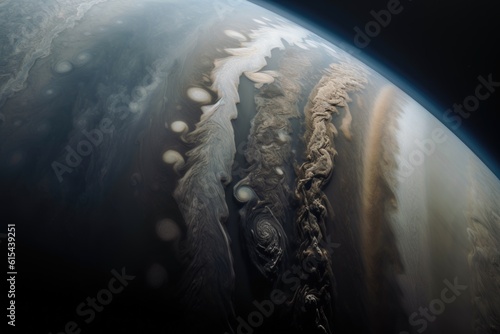 haze-filled atmosphere of jupiter, with its swirling storms and bands visible, created with generative ai