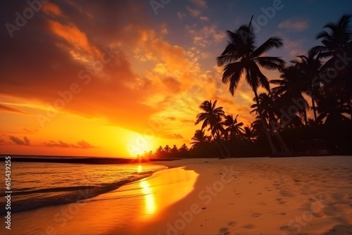 Beautiful sunset with tropical landscape, ai generated