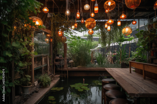 Interior of garden outdoor coffee shop  generative AI