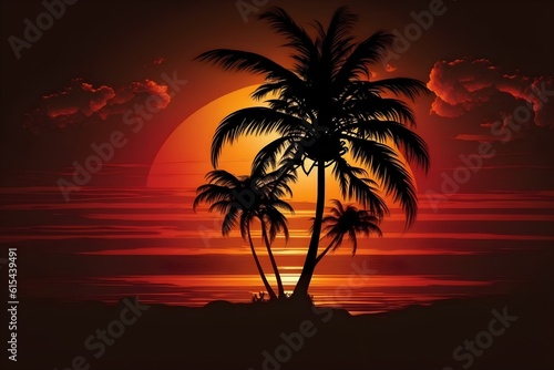 Palms sihouettes on the fantastic sunset, ai generated © Elena
