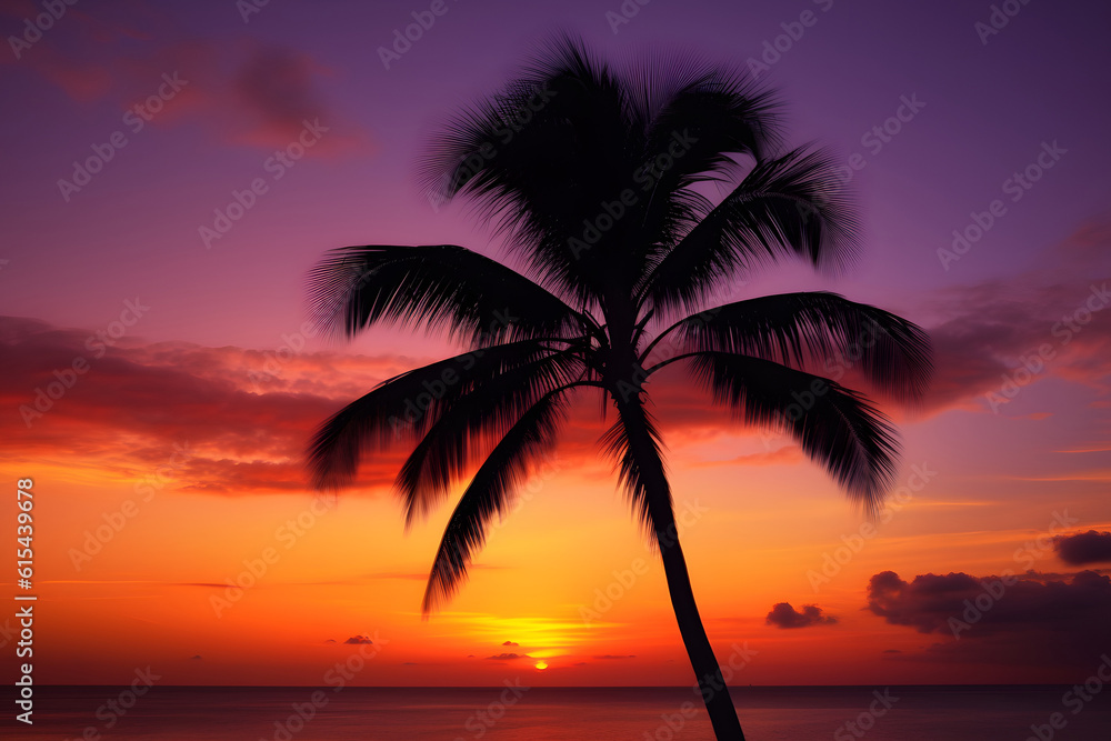 Palms sihouettes on the fantastic sunset, ai generated